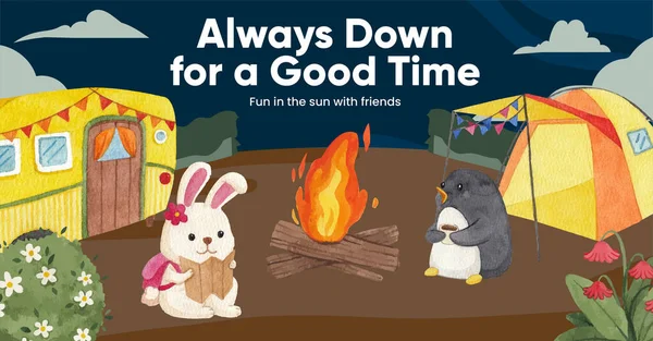 Facebook şablonu hayvan kampı yaz konsepti, suluboya stil