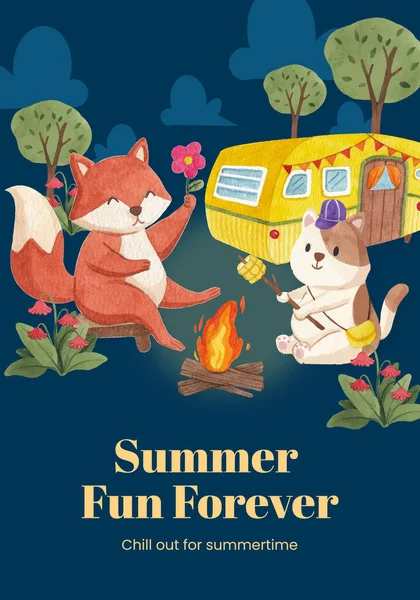 Poster Template Animal Camping Summer Concept Watercolor Styl — стоковый вектор