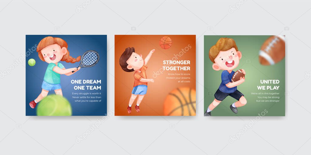 Banner template with American sport kids concept,watercolor styl
