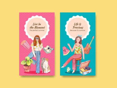 Instagram şablonu ile güzel bir yaşam yaz konsepti, suluboya styl