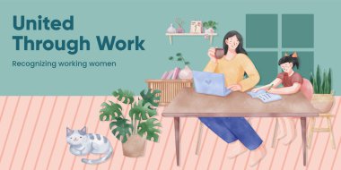 Günlük başlığı şablonu ev konseptinden kadın çalışmaları, suluboya styl