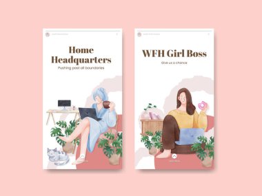 Instagram şablonu ev konsepti, suluboya stil kadın işi