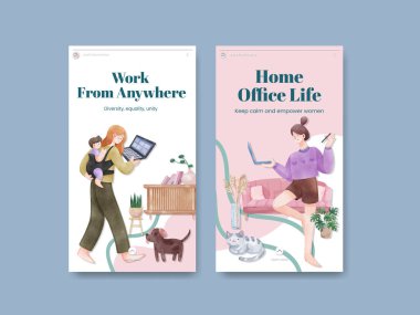 Instagram template with woman work from home concept,watercolor styl