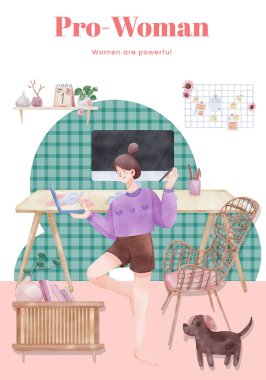 Ev konsepti, suluboya stil kadın çalışmaları ile poster şablonu