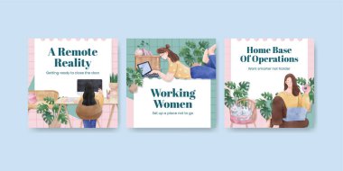 Ev konsepti, suluboya stil kadın çalışmaları ile banner şablonu