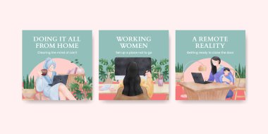 Ev konsepti, suluboya stil kadın çalışmaları ile banner şablonu