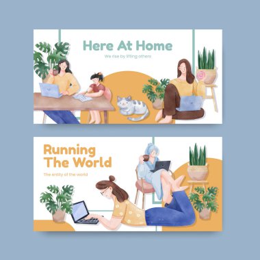 Ev konsepti, suluboya stil kadın çalışmaları ile Twitter şablonu