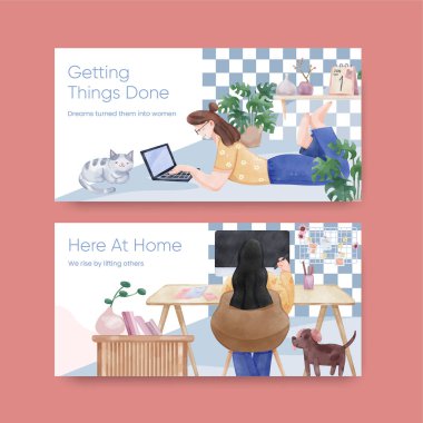 Ev konsepti, suluboya stil kadın çalışmaları ile Twitter şablonu