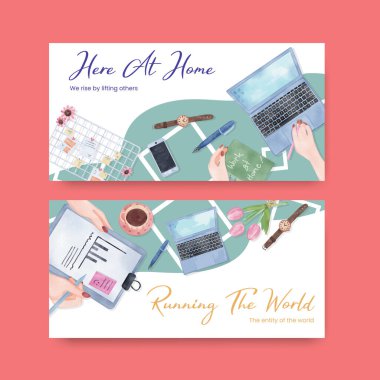 Ev konsepti, suluboya stil kadın çalışmaları ile Twitter şablonu