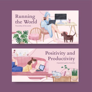 Ev konsepti, suluboya stil kadın çalışmaları ile Twitter şablonu