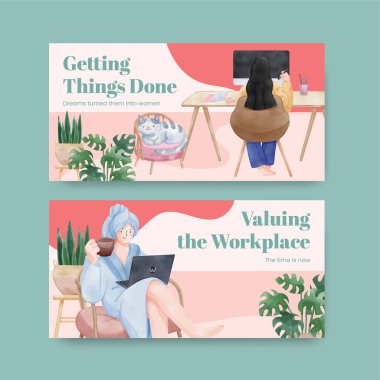 Ev konsepti, suluboya stil kadın çalışmaları ile Twitter şablonu