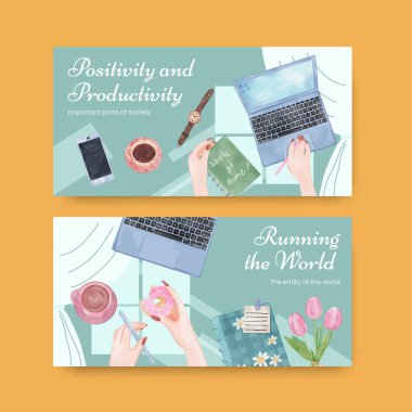 Twitter template with woman work from home concept,watercolor styl