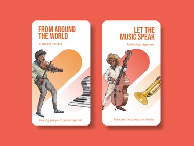 Instagram şablonu sokak konsepti üzerine çeşitli müzik, suluboya styl