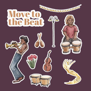 Sokak konsepti, suluboya stil üzerine çeşitli müzik içeren çıkartma şablonu