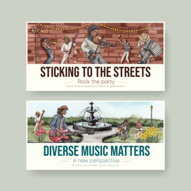 Sokak konsepti, suluboya stil üzerine çeşitli müzik içeren Twitter şablonu