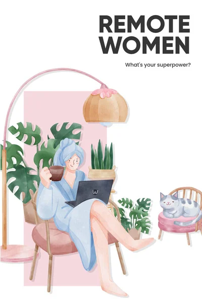 Pinterest Sjabloon Met Vrouw Werk Vanuit Huis Concept Aquarel Styl — Stockvector