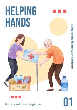 İnsani yardım mültecileri konsepti olan poster şablonu, Watercolo