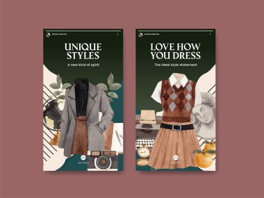 Karanlık akademik kıyafet konsepti olan Instagram şablonu, Watercolo