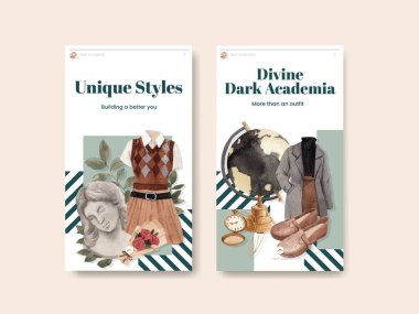 Karanlık akademik kıyafet konsepti olan Instagram şablonu, Watercolo