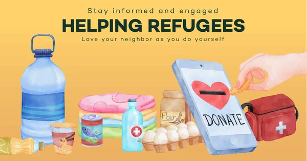 带有人道主义援助难民概念的Facebook模板 Watercolo — 图库矢量图片