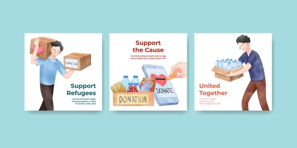 Banner Template Met Humanitaire Hulp Vluchtelingen Concept Watercolo — Stockvector