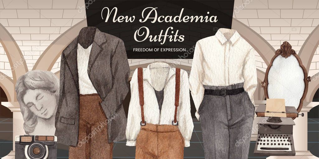 Blog header template with dark academia outfit concept,watercolo