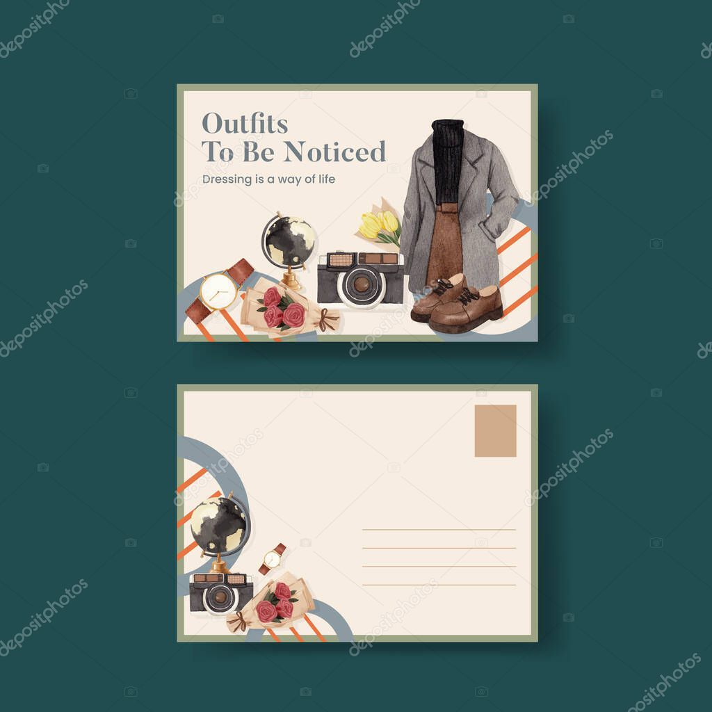 Postcard template with dark academia outfit concept,watercolo