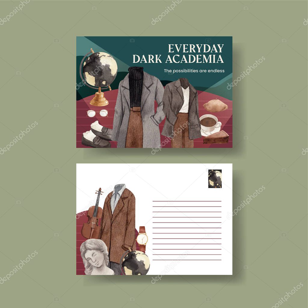 Postcard template with dark academia outfit concept,watercolo