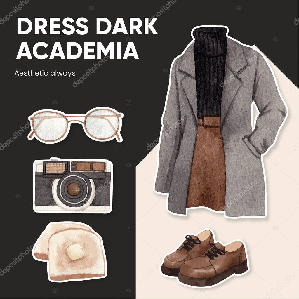 Sticker template with dark academia outfit concept,watercolo