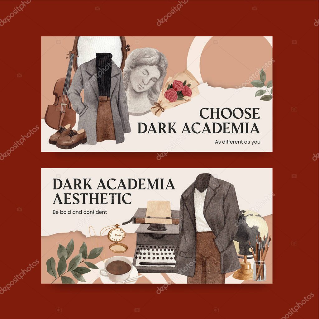 Twitter template with dark academia outfit concept,watercolo