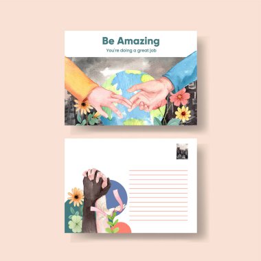 Umut dolu mültecilerin olduğu bir kartpostal şablonu güvenli konsept, suluboya stil