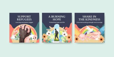 Umut mültecileri ile sancak şablonu güvenli konsept, suluboya stil