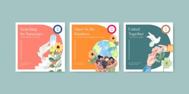 Umut mültecileri ile sancak şablonu güvenli konsept, suluboya stil