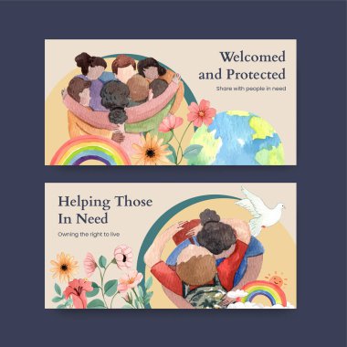 Umut mültecileri içeren Twitter şablonu güvenli konsept, suluboya styl