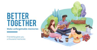 Facebook şablonu arkadaşlık anıları konsepti, suluboya stil