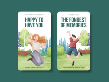 Arkadaşlık anıları konseptiyle Instagram şablonu, suluboya stil