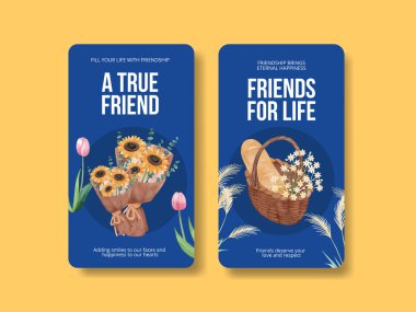 Arkadaşlık anıları konseptiyle Instagram şablonu, suluboya stil