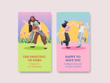 Arkadaşlık anıları konseptiyle Instagram şablonu, suluboya stil