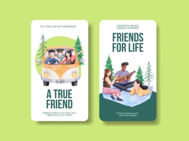 Arkadaşlık anıları konseptiyle Instagram şablonu, suluboya stil