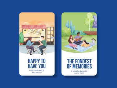Arkadaşlık anıları konseptiyle Instagram şablonu, suluboya stil