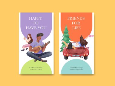 Arkadaşlık anıları konseptiyle Instagram şablonu, suluboya stil