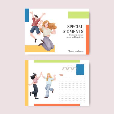 Arkadaşlık hatıraları konsepti olan bir kartpostal şablonu, suluboya stil.