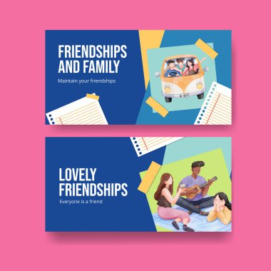 Twitter şablonu arkadaşlık anıları konsepti, suluboya stil