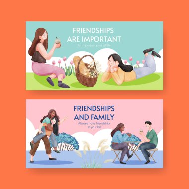 Twitter şablonu arkadaşlık anıları konsepti, suluboya stil