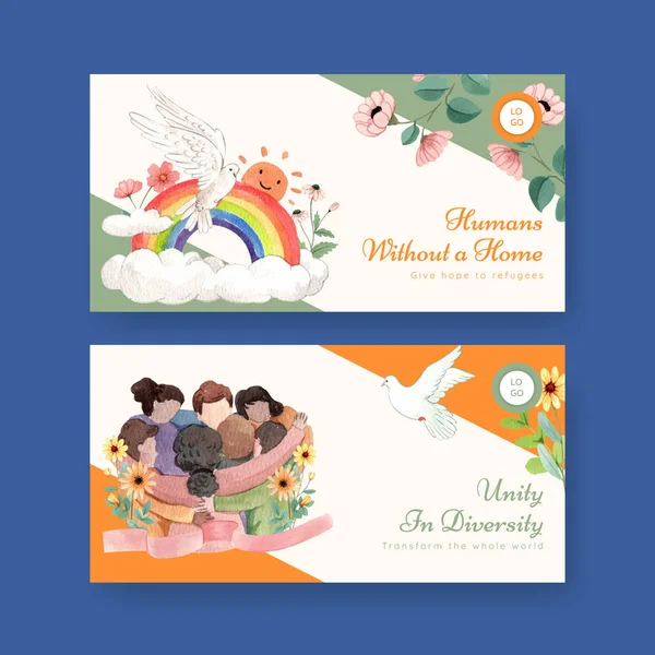 Umut mültecileri içeren Twitter şablonu güvenli konsept, suluboya styl