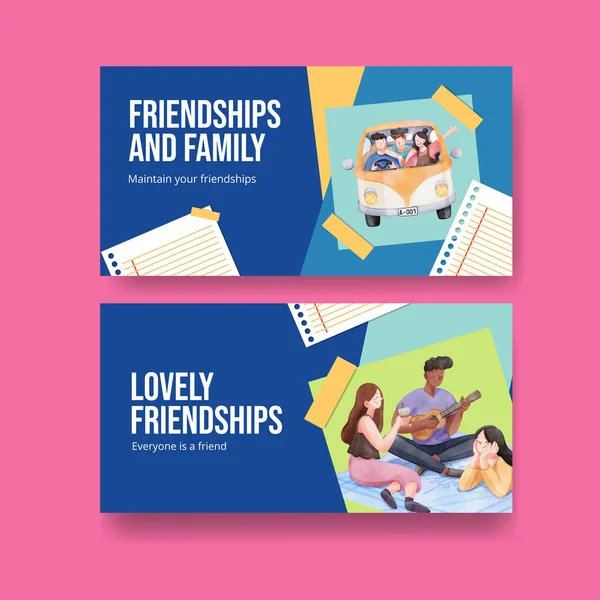 Twitter şablonu arkadaşlık anıları konsepti, suluboya stil