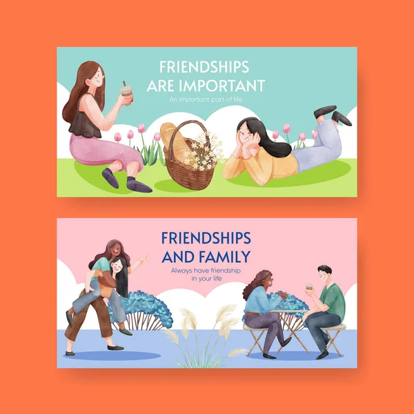 Twitter şablonu arkadaşlık anıları konsepti, suluboya stil