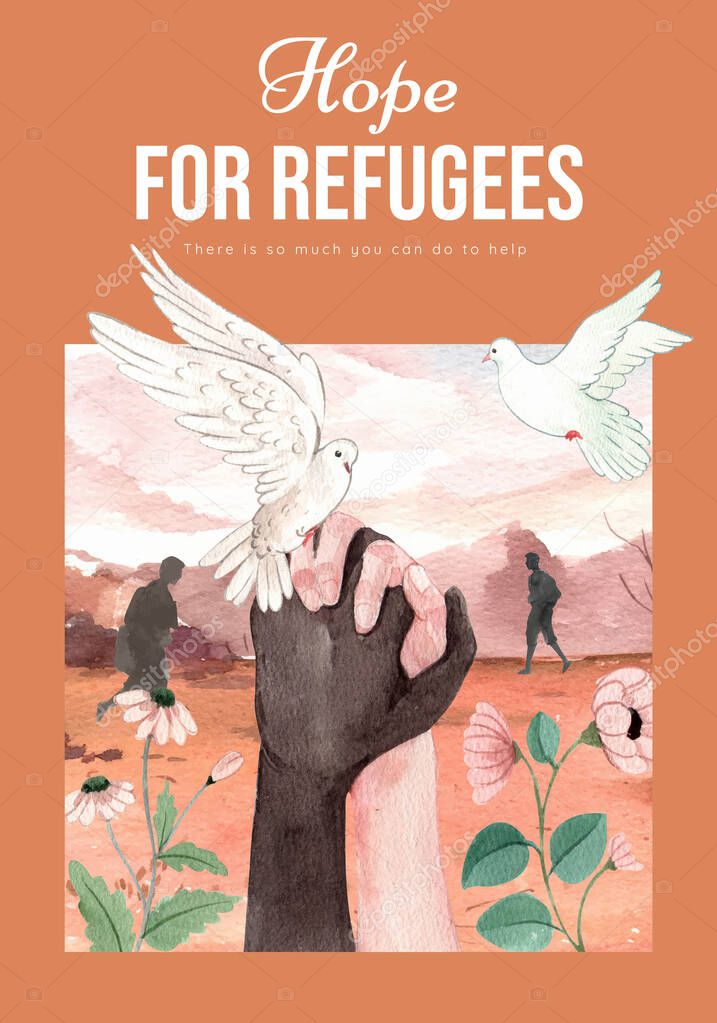 Poster template with hope refugees safe concept,watercolor styl