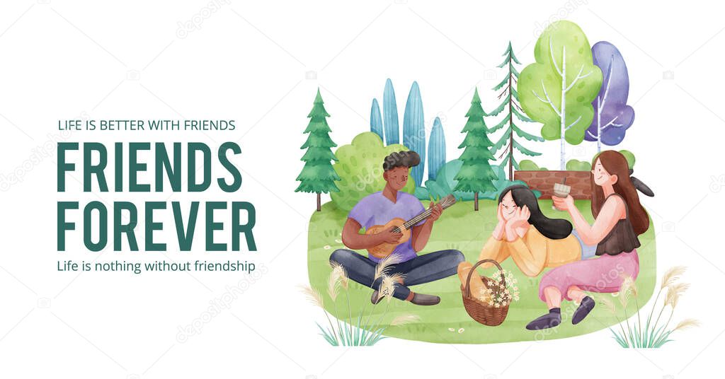 Facebook template with friendship memories concept,watercolor styl