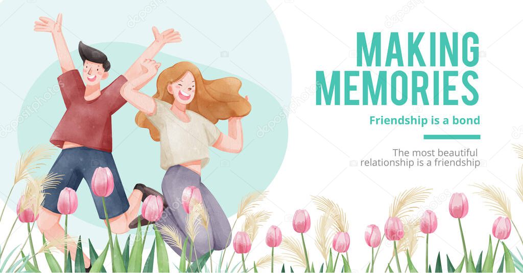 Facebook template with friendship memories concept,watercolor styl